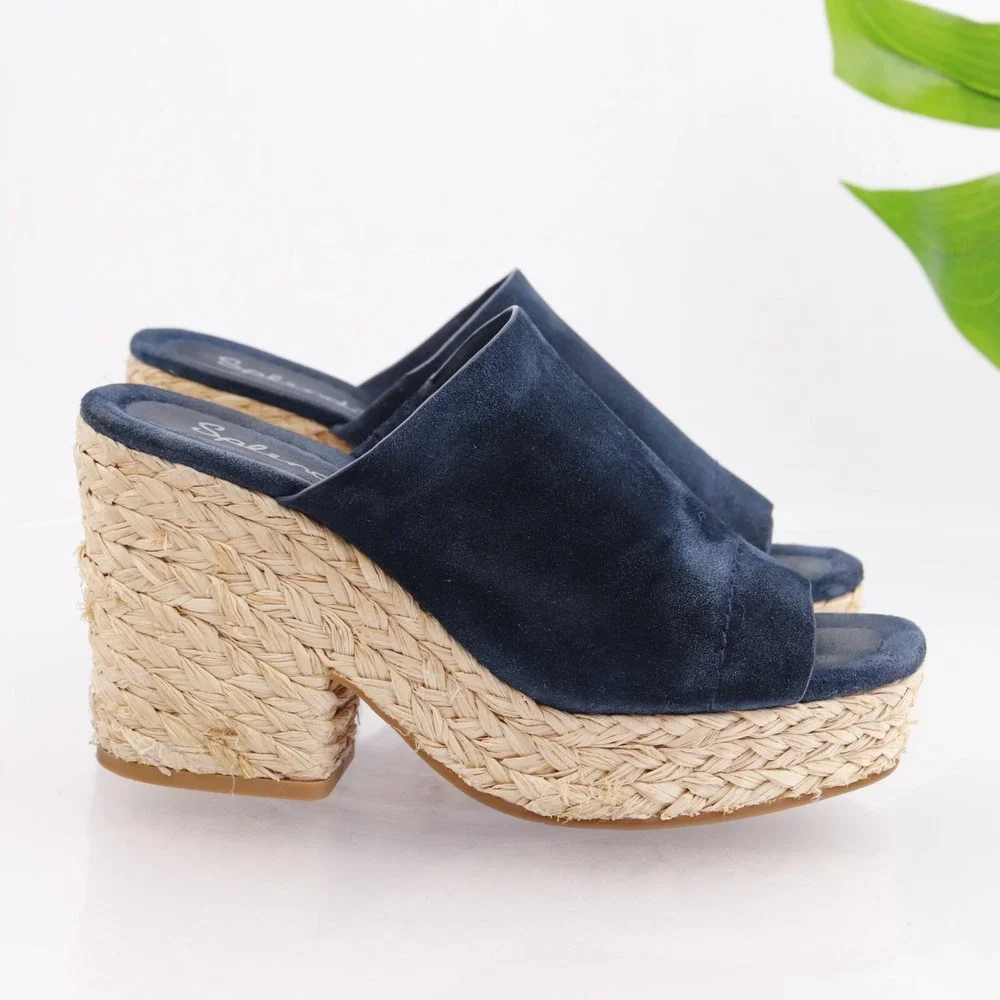 Splendid Womens Theodore Mules Sandals Size 7.5 M Navy Suede Platform Heel Shoes